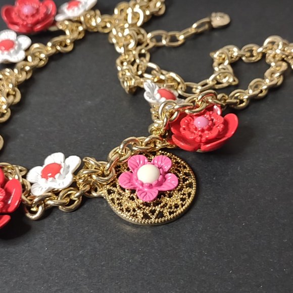 Very Cute Talbots Red, Pink, And White Flower Necklace 21 Inches Long - Picture 7 of 15